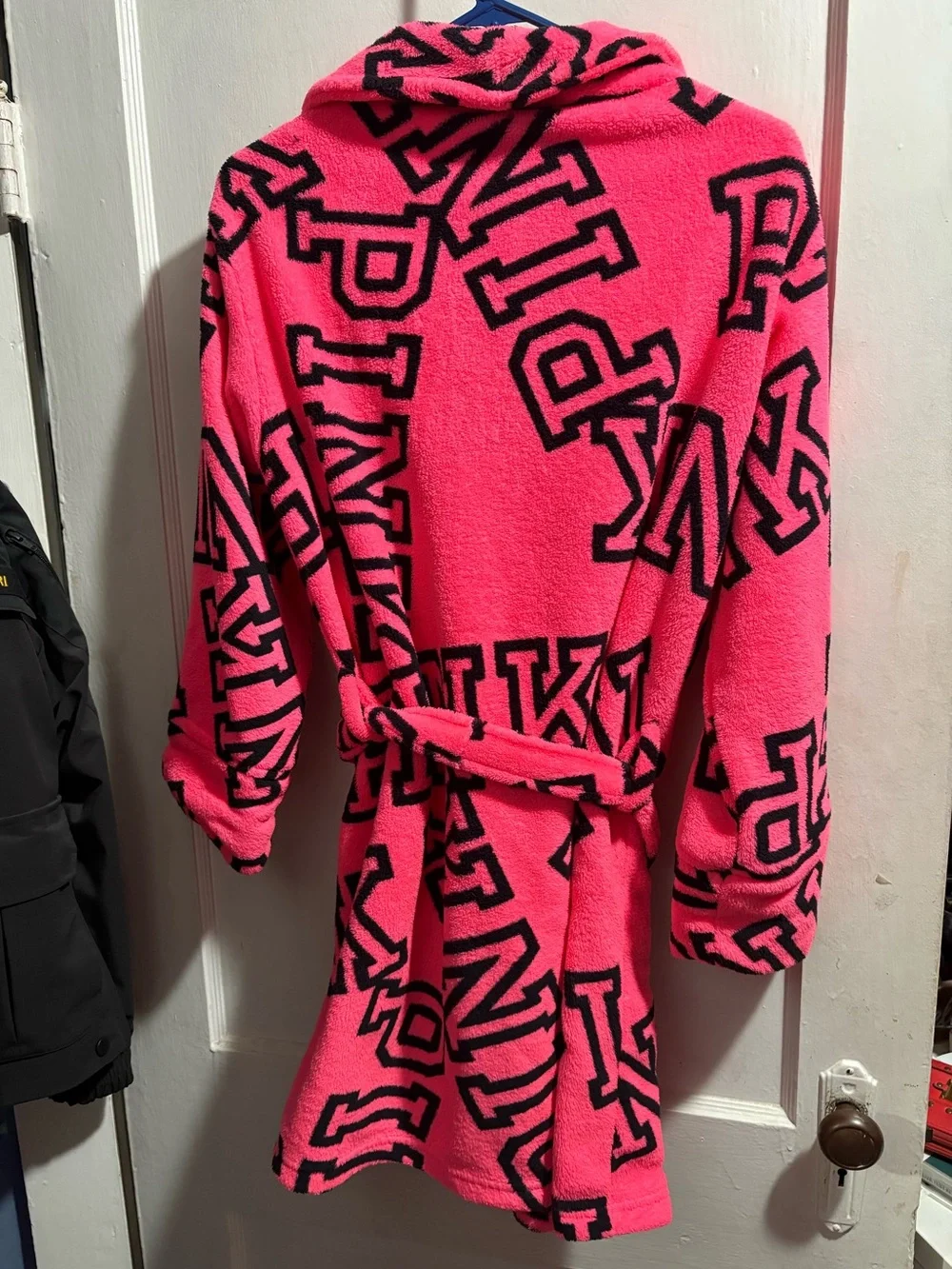 Plush Hooded Robe Jacket - Hot Pink with Black Lettering